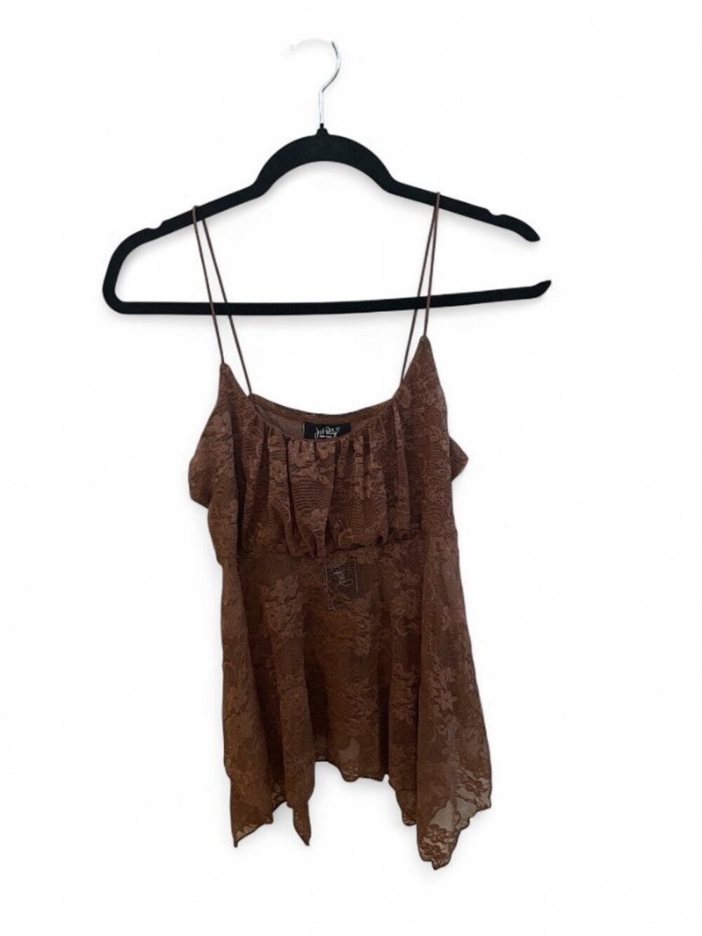 NWT Y2K Brown Sheer Top Forest Fairy Blouse Lace Tank 2000s Asymmetrical Hem, XL